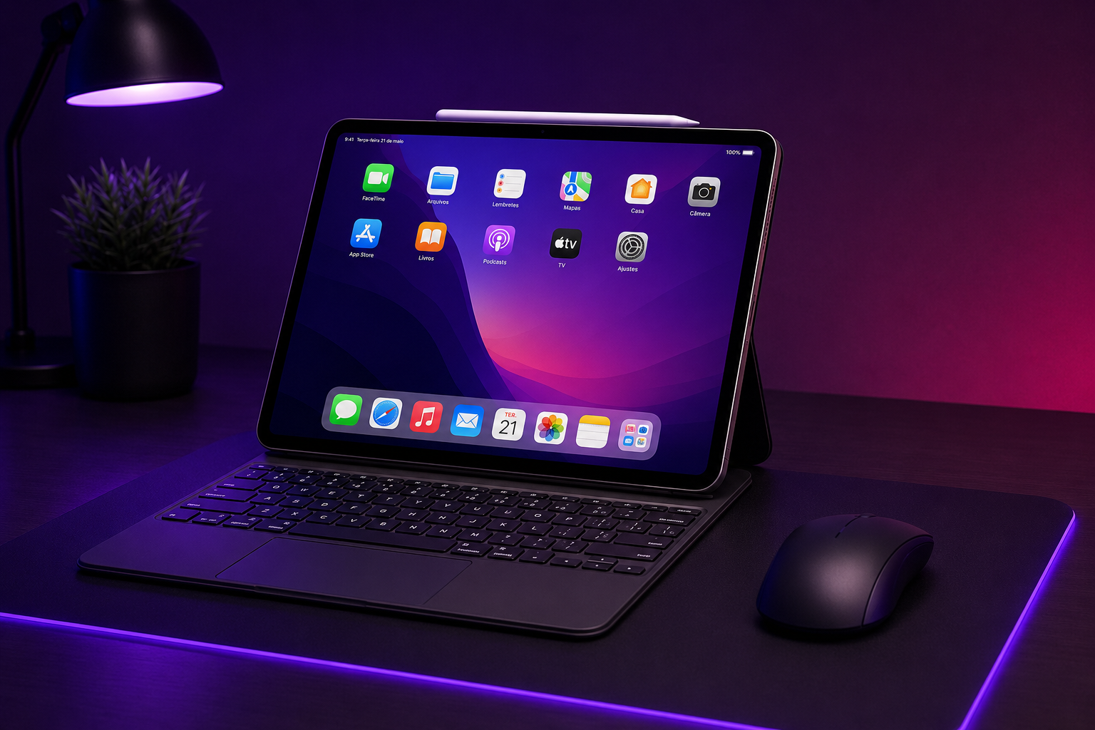 iPad Pro de alumínio fino equipado com teclado portátil