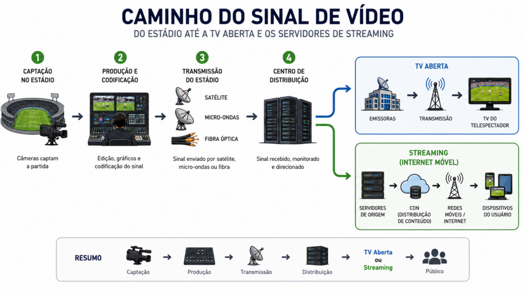 Infográfico didático demonstrando o caminho do sinal de vídeo desde o estádio até a TV aberta e os servidores de streaming de internet móvel.