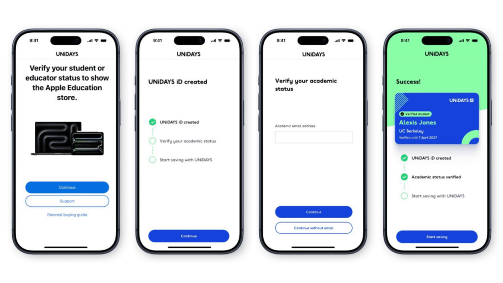 Prints das telas de cadastro da plataforma UNiDAYS da Apple 