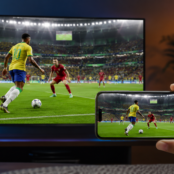 Apple TV 4K conectada a uma Smart TV e recebendo conexão estável via cabo de rede na parte traseira para reduzir o atraso de streaming