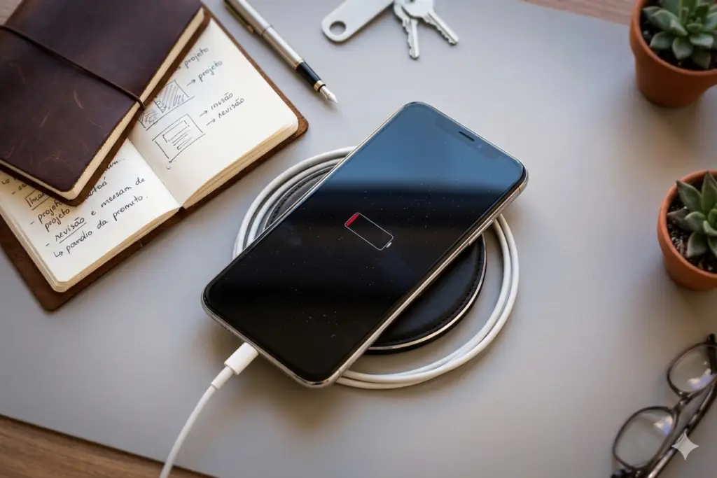 iPhone carregando em cima da mesa com tecnologia de carregamento rápido
