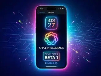 Um iPhone centralizado com uma aura brilhante em tons neon de rosa, roxo e azul, exibindo na tela escura os ícones estilizados do "iOS 27", o símbolo entrelaçado da "Apple Intelligence" e os botões "Developer Beta 1" e "Enable IA". O fundo traz um visual futurista com linhas de circuitos integrados e faixas de luz estelares em um tom azul-escuro.