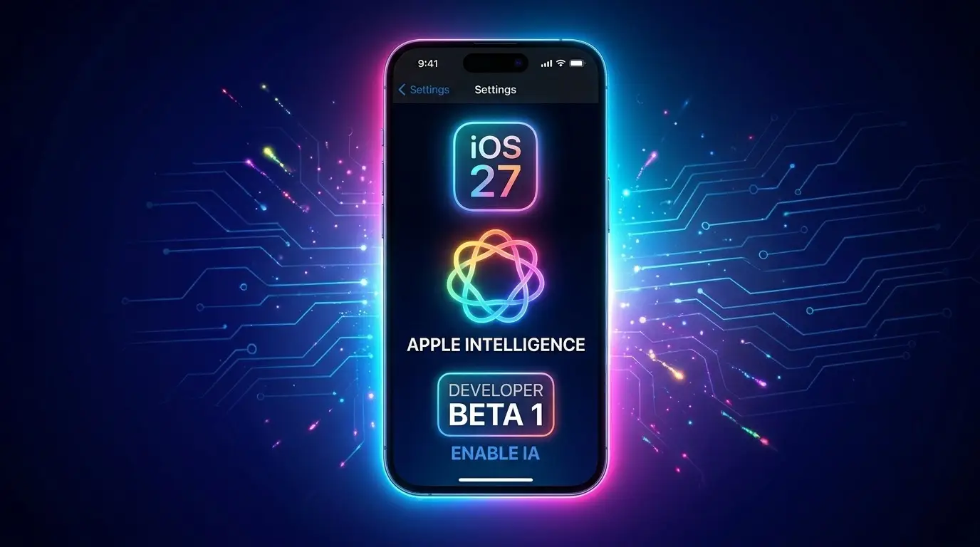 Um iPhone centralizado com uma aura brilhante em tons neon de rosa, roxo e azul, exibindo na tela escura os ícones estilizados do "iOS 27", o símbolo entrelaçado da "Apple Intelligence" e os botões "Developer Beta 1" e "Enable IA". O fundo traz um visual futurista com linhas de circuitos integrados e faixas de luz estelares em um tom azul-escuro.