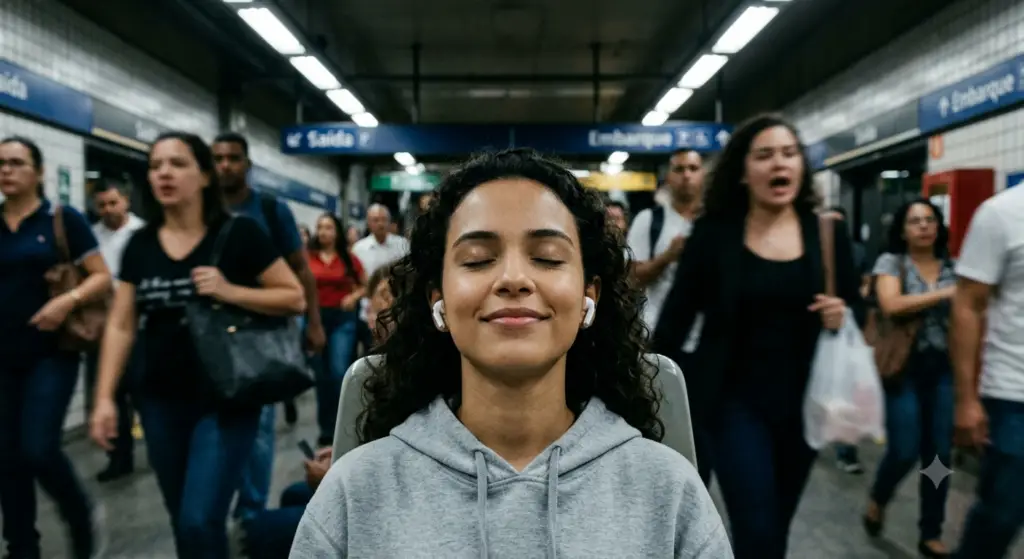 AirPods Pro demonstrando a tecnologia de isolamento acústico ativo