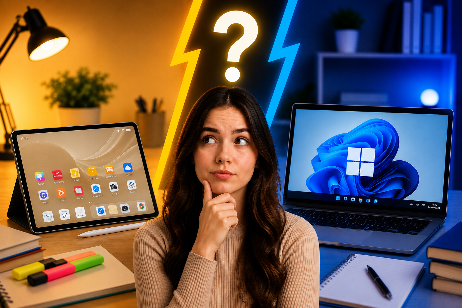 Uma estudante com a dúvida Tablet ou Notebook para Estudar
